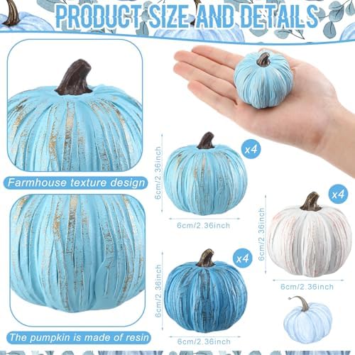 Geelin 12 Pcs Blue Rustic Fall Pumpkin Decor Resin Pumpkins for Thanksgiving Decorations Farmhouse Decorative Pumpkins 2.36" for Fall Home Decor Autumn Tabletop Centerpiece Harvest Wedding(Resin) - Image 3