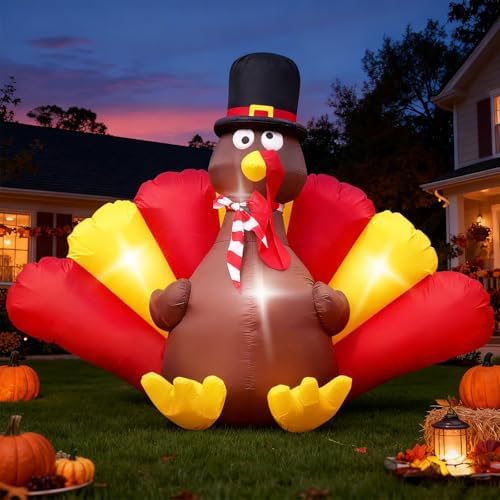 Thanksgiving Inflatables Turkey Outdoor, 5 FT Thanksgiving Blow Up Turkeys with LED Lights Built-in for Holiday, Party, Yard, Lawn, Garden, Outside by CLFUN