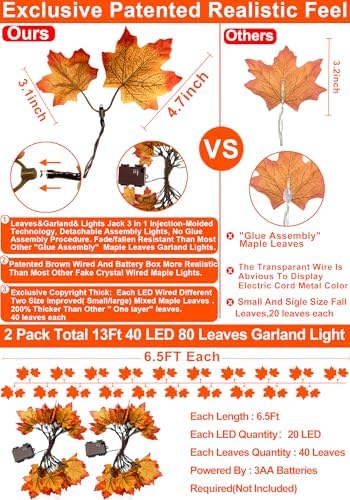 Timer & Thicker Leaves - 2 Pack Fall Garland with Lights Battery Operated - Image 3