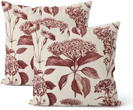 Burgundy Red Pillow Covers 24x24 Inch 2 Pcs Boho Vintage Floral Decor Throw Pillows Hydrangea Flower Seasonal Outdoor Farmhouse Neutral Accent Decoration Pillowcase Linen Cushion Cover for Sofa by DAFENA