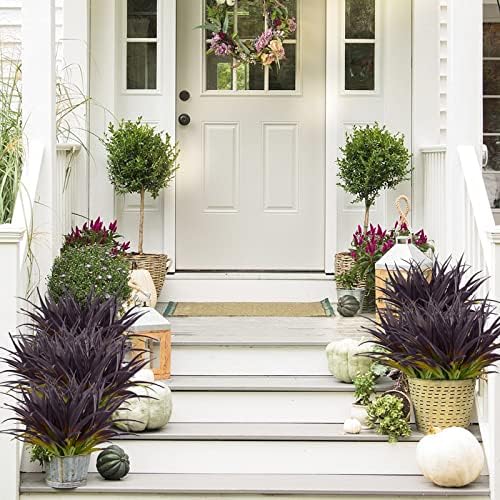 16Pcs Artificial Grass Fake Grass Plants 17.3in Outdoor Plants UV Resistant Faux Greenery Stems for Home Window Garden Patio Pathway Front Porch Halloween Décor Light Green & Purple - Image 4