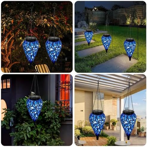 Solar Hanging Lantern Outdoor Lights, Solar Lanterns Decorative Outdoor,Tear-Shaped 15 LEDs Cool White Hanging Lights with S Hooks Decor in Garden, Yard, Pathway, Front Door, Blue - Image 5