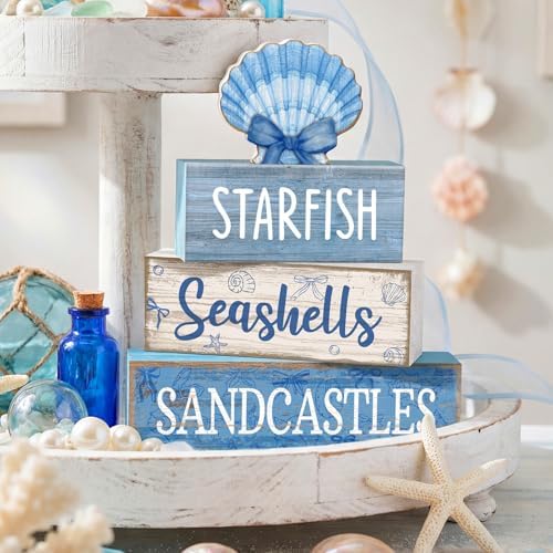Moucuny 4 Pcs Beach Wooden Signs Table Decor with Shell, Tiered Tray - Image 2