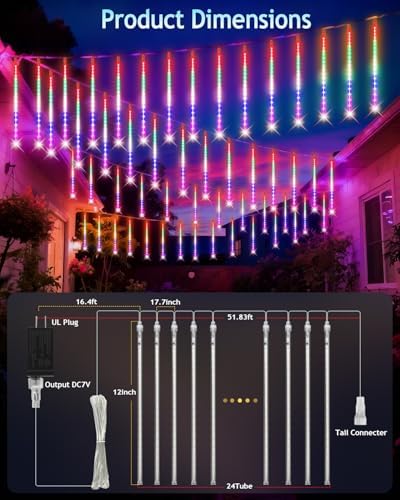 PEMOTech Christmas Lights Outdoor,24 Tubes 864 LED 20 Inch,Multicolor Meteor Shower Lights Outdoor,Waterproof Luces Navideñas para Exteriores,50 ft for Christmas Tree,Party,Garden Decor - Image 6