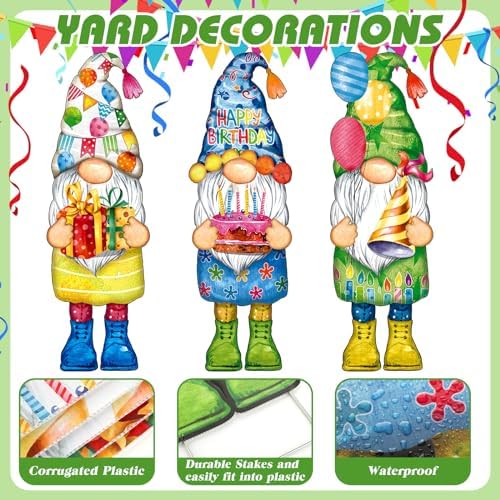 Umigy 3 Pcs 32 x 10 Inch Happy Birthday Yard Decor Outdoor Gnome Sign with Stakes Gift Boxes Cake Balloon Gnome Garden Sign Outdoor Yard Decor for Birthday Party Lawn Decorations - Image 4