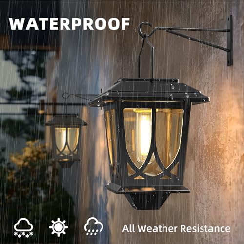 Solar Lanterns Outdoor Waterproof 2 Pack, Glass Auto On/Off LED Hanging Solar Lights, Outdoor Lantern with Wall Mount for Yard Fence Patio - Black - Image 5