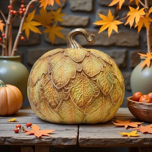 DiliComing Fall Decorations for Home Fake Pumpkin - 6.5 Inch Artificial Pumpkin Halloween Decor, Decorative Resin Leaf Pumpkin Table Accent for Halloween, Fall Harvest and Thanksgiving by DiliComing