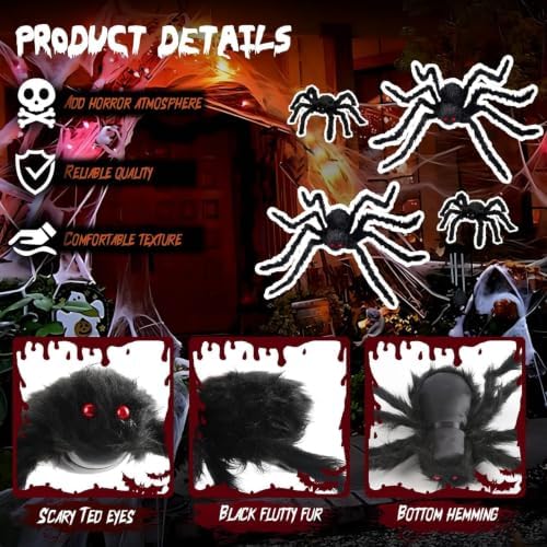 Giant Spider 2.46 Ft, 4 Packs Halloween Decorations Fake Halloween Decor Spiders Large, Furry Spiders for Outdoor Indoor Yard Home Costumes Party House Décor, 2.46Ft*2/0.98Ft*2 - Image 3