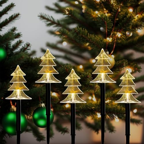 Christmas Solar Pathway Lights Outdoor, Waterproof Christmas Tree Garden Lights with 2-Lighting Modes, Set-of-5 Walkway Solar LED Lights for Yard Lawn Patio Landscape Wedding Decorations(Warm White) by Lefutizn