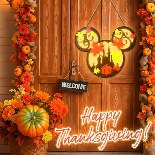 Fall Wreath Mouse Pumpkin Lantern Thanksgiving Door Hanging Sign with Light - Image 5