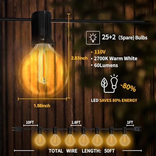 GvvooHome Outdoor String Lights 50FT, G40 LED Patio Lights with 27pcs Shatterproof Bulbs, All Weatherproof Hanging Lights for Outside Backyard Party Cafe Decor - Image 6
