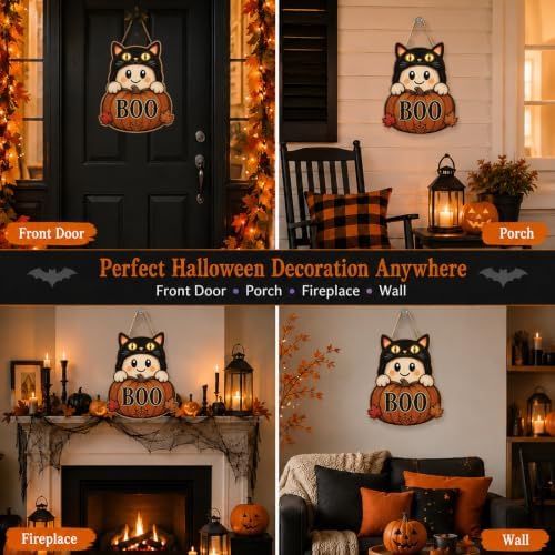 Halloween Door Sign Cute Ghost Wear a Black Cat Hat Pumpkin BOO Decor - Image 7