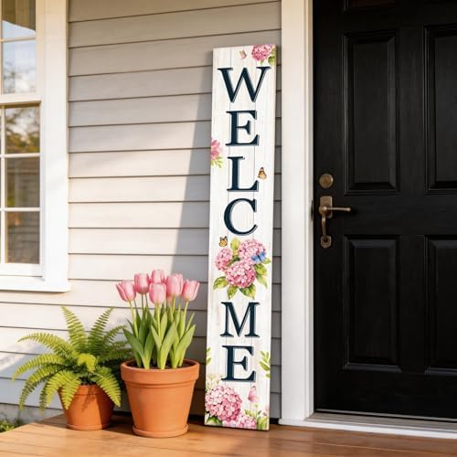 Welcome Sign for Front Porch, 47" Wood Framed Porch Sign Hydrangea Flower Decorations with Hanging Rope, Farmhouse Yard Signs Home Decor for Outdoor Patio - Image 3