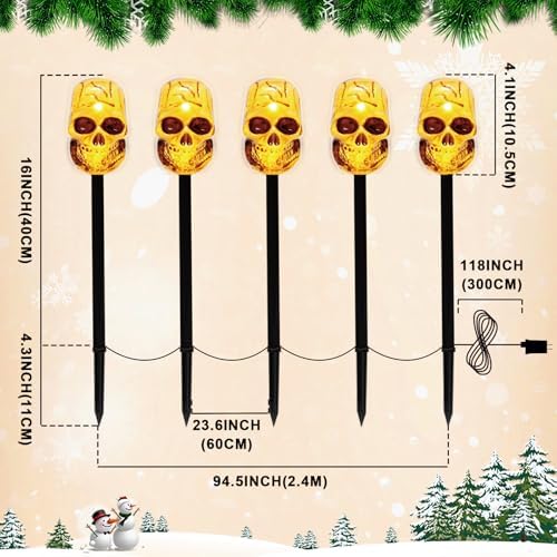 LAMPHOME Halloween Pathway Lights Outdoor, 5PCS Skull Halloween Decorations Outdoor Yard, Pathway Marker Stake Lights for Patio Ground Path Sidewalk Walkway Driveway - Image 3