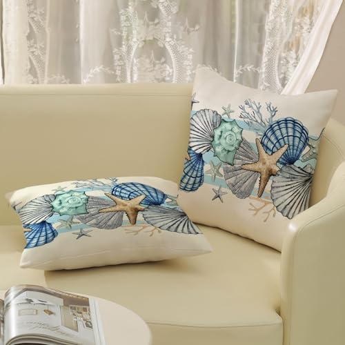 Coastal Pillow Covers 18x18 Inch Set of 2 Blue Nautical Starfish Pillow Covers Summer Outdoor Ocean Beach Coral Shell Decorative Pillow Cases Linen Square Cushion Cover Decor for Couch Home - Image 5