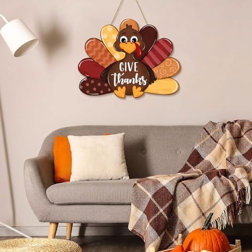 Give Thanks Turkey Door Sign Thanksgiving Decorations, Cute Turkey Welcome Wooden Hanging Sign, Wood Autumn Fall Harvest Thankful Wall Plaque Wreath Hanger Decor for Home Yard Porch Brown - Image 7