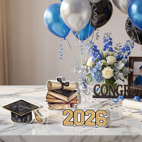 Smile 2026 Graduation Wooden Standing Decor Set, 3-Piece Grad Cap & Diploma Book Stack Tiered Tray Tabletop Signs for Graduation Party Decorations - Image 3