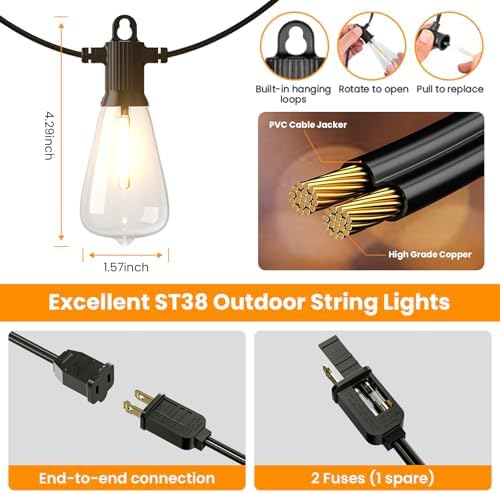 ZOTOYI Outdoor String Lights，50FT Patio Lights with 27 Vintage Edison Bulbs (2 Spare)，ST38 Waterproof Outside Hanging Light for Backyard, Bistro, Cafe, Gazebo, Porch Decor, Dimmable 2700K - Image 6