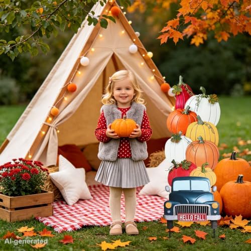 VCUTEKA Fall Outdoor Yard Sign, Stacked Pumpkin Truck Garden Stake Decor - Image 7