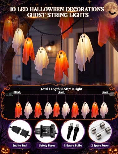 8.5Ft 10 LED Halloween Light Up Decoration Flying Ghost Lights Orange White - Image 2
