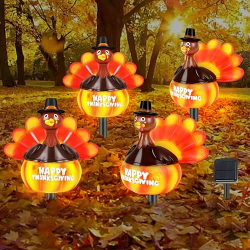 4-in-1 Thanksgiving Turkey Pumpkin Solar Lights Outdoor Decoration Fall Harvest Yard Stakes Autumn Decor Hand Painted Turkey Pumpkin Lights For Garden Lawn Pathway Walkway Driveway Patio Front Porch by Eyourlife