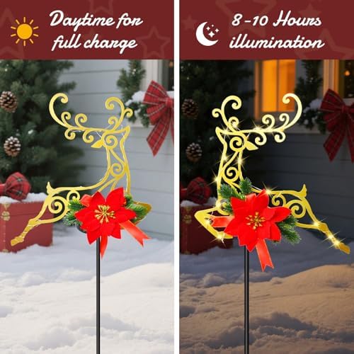 2-Pack Christmas Solar Pathway Lights Outdoor Waterproof, Xmas Metal Reindeer Garden Stake Lights with Poinsettia Decorations for Yard Lawn Walkway Porch Holiday Decor - Image 4