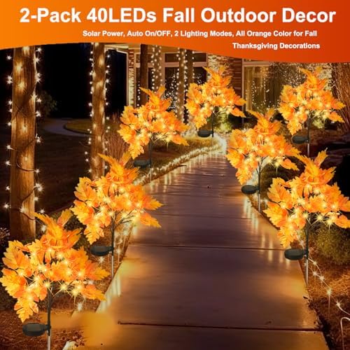 2 Packs Solar Prelit Fall Tree Lights for Outdoor Thanksgiving Decorations, 2 Modes Thanksgiving Solar Lights, Waterproof Maple Tree Solar Fall Lights for Fall Yard Patio Garden - Image 5
