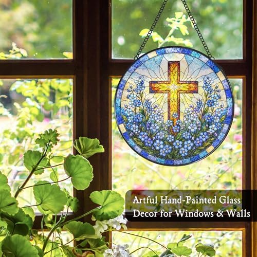 Cross Forget Me Not Stained Glass Window Hanging Garden Suncatcher - Image 4