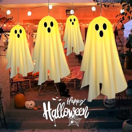 2PACKS Solar Hanging Ghost Lights for Halloween Decorations Outdoor,Light up Spooky Ghosts with Warm Yellow LED Lights,Halloween Floating Light for Yard,Porch,Creepy Party Decor - Image 3