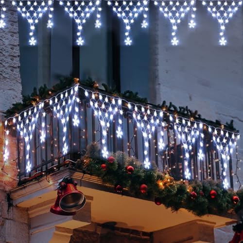 Christmas Outdoor String Lights Waterproof, 218 LED 13.8FT Star Curtain Fairy Lights with 11 Drops Connectable Clear Wire Christmas Light Decorations 8 Modes for Eaves Yard Wedding Party Holiday Decor by cerflyer