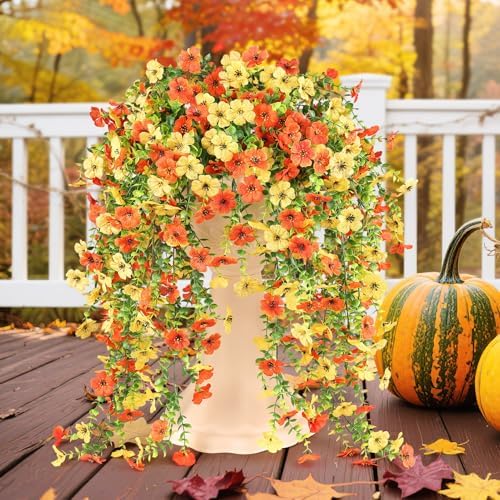 Artificial Fall Flowers for Outdoors UV Resistant Orange Fake Mums Decor by Playieer