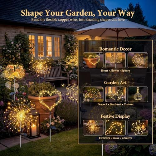 Solar Firework Lights, 8 Pack 120 LEDs 8 Lighting Modes Solar Fairy Garden Lights Outdoor Waterproof for Yard Patio Walkway Pathway Party Wedding Balcony Decorative- Warm White - Image 4