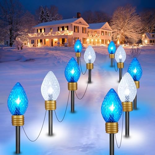 Brightown 2 Pack Jumbo Christmas Pathway Lights Outdoor - 10.5 Feet 5 LED C9 Walkway Light, Covered Jumbo Strawberry Bulb Decorations for Lawn Outside, Blue ＆ White - Image 7