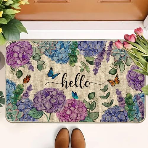 Welcome Spring Door Mat Hydrangea Flowers Doormat Indoor Outdoor Entrance Summer Decor Outdoor Rug Low-Profile Floor Rug Non Slip Spring Summer Decor Rubber Mats for Home Decoration 17x29Inch - Image 2