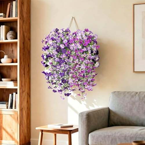 Artificial Hanging Flowers for Outdoors Spring Summer Decoration, 2 PCS Faux Silk Morning Glory Flowers UV Resistant Artificial Hanging Plants Realistic Long Vines for Garden Porch Patio (Purple) - Image 7