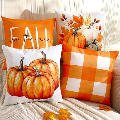 TOYPOPOR Fall Decorations for Home, 4 Packs Double Sided Throw Pillow Covers, Buffalo Plaid Thanksgiving Front Porch Farmhouse Cushion Cases Indoor Outdoor Autumn Decor for Couch, Living Room 18x18 by TOYPOPOR