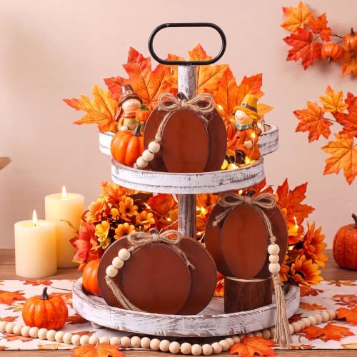 Cinnvoice 3 Pcs Fall Pumpkin Decor, Brown Wooden Tabletop Signs, 4.7 in - Image 2