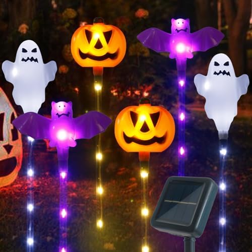 Halloween Decorations Outdoor Solar Pumpkin Bat Ghost Garden Stake Lights, 6-Pack 8 Modes Solar Halloween Lights Waterproof for Outside Home Patio Yard Pathway Grave Lawn Porch Party Decor by Xingpold