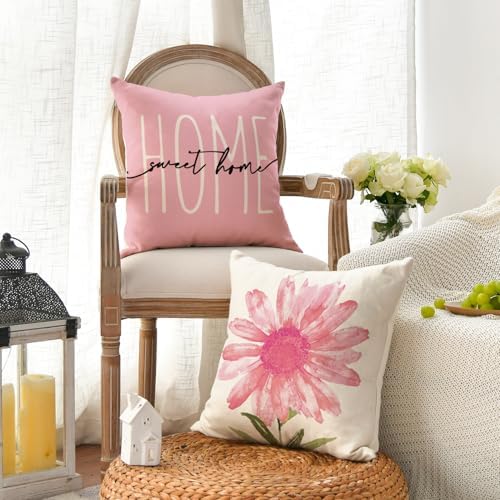 AVOIN colorlife Home Sweet Home Spring Summer Flowers Pink Throw Pillow Covers, 18 x 18 Inch Cushion Case for Sofa Couch Set of 4 - Image 3