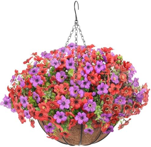 Artificial Hanging Faux Flowers Basket, Fake Silk Daisy Eucalyptus Plants Arrangement,for Spring Summer Outdoor Decoration,UV Resistant, Coconut Planter,Look Real for Home Garden Decor (Purple Red) by Unknown