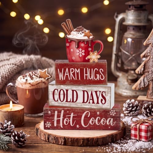 Lineshading 4 Pcs Wooden Hot Cocoa Block Signs Tiered Tray Decor with Mug - Image 2