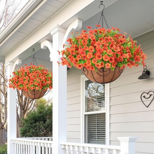 Artificial Fake Hanging Plants Flowers Basket Outdoors Summer Autumn Decor, Hanging Planter with Faux Silk Daisy Flowers Realistic UV Resistant for Outside Home Porch Front Patio Balcony Garden Orange - Image 3
