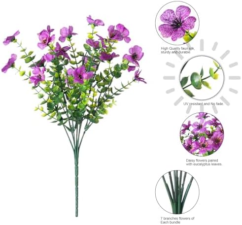 Daisy Artificial Flowers for Outdoors Decor, 12 Bundles Faux Daisy with Eucalyptus Fake Plants Greenery UV Resistant Look Real Colorful Faux Flowers for Outside Planter Porch Patio Yard Garden, Purple - Image 5