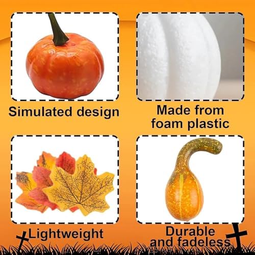 50 Pcs Fall Mini Pumpkin Decoration Set, Artificial Maple Leaves Acorns Squashes for Halloween Thanksgiving - Image 6