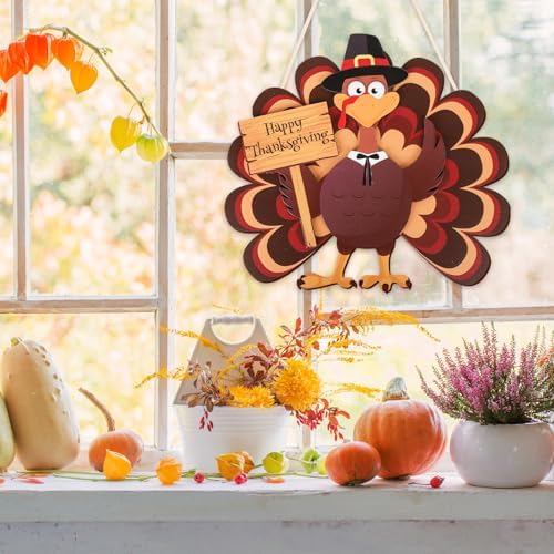 COCHIE Thanksgiving Decorations Turkey Wooden Wreath for Front Door, Give Thanks Signs Hanging Decoration, Fall Harvest Pumpkin Wall Windows Outdoor Outside Porch Hanger Decor (Turkey B) - Image 3