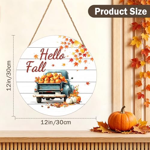 Hello Fall Wreath for Front Door Fall Truck Welcome Door Sign 12x12 Inch Autumn Maple Leaf Pumpkin Wood Door Hanger Farmhouse Thanksgiving Hanging Plaque for Home Porch Wall Indoor Outdoor Decorations - Image 2