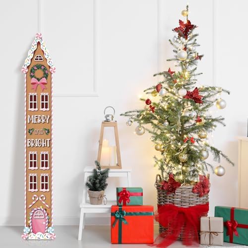 Threehoney 47" Large Christmas Porch Sign Pink Gingerbread House Candy Welcome Sign Pastel Christmas Porch Decor Tall Wooden Front Door Decor Gift for Home Xmas Holiday Farmhouse Outdoor Yard Entryway - Image 6
