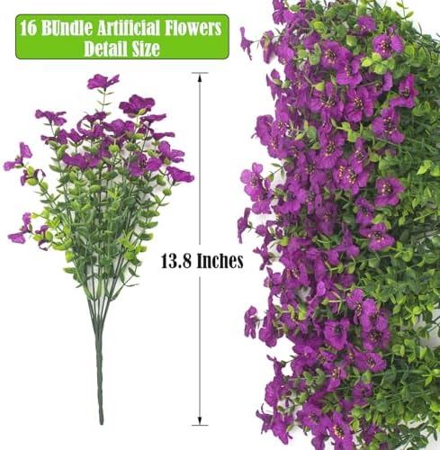 Grunyia Artificial Fake Flowers for Outdoor Spring Decoration, 16 Bundles Faux Silk Colorful UV Resistant Realistic for Outside Porch Patio Home Yard Garden Planters Pots Window Box (Light Purple) - Image 2