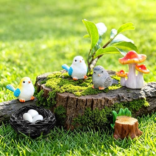 Fairy Garden Accessories, 7 Pieces Birds Resin Figures with Bird's Nest Mushroom, Handmade Miniature Decor, Garden Miniatures Home Outdoor Decors, Perfect DIY Gift by Unknown