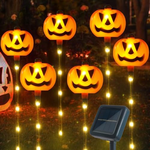 6 Pack Solar Pumpkin Garden Pathway Stake Lights Outdoor Halloween Decorations,8 Modes Solar Pumpkin Lights for Outside Waterproof Lighted Scary jack o lantern for Patio Yard Lawn Grave Decor by Xingpold